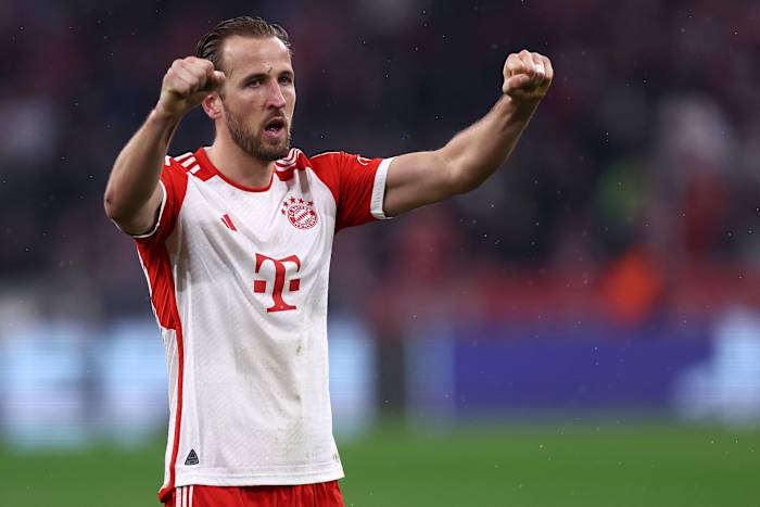 Harry Kane pictured celebrating after scoring two goals for Bayern Munich in a 3-0 win over Lazio in March 2024